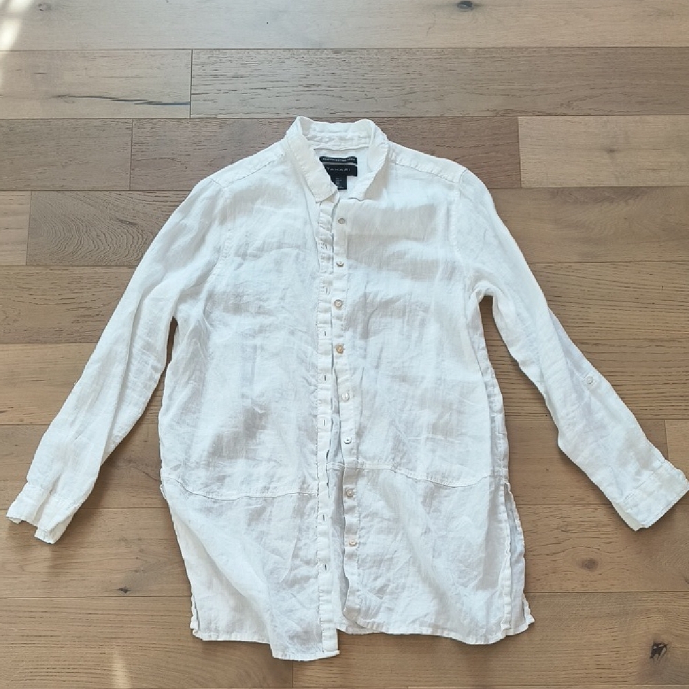 Tahari Women's White Button-Up Blouse 100 Percent Linen